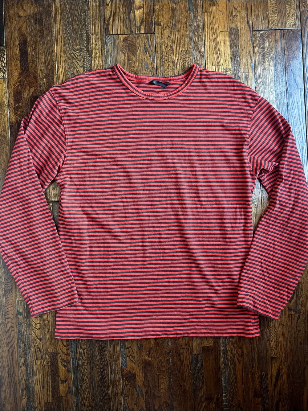 Zara Red and Black Striped Long-Sleeve Crew Shirt